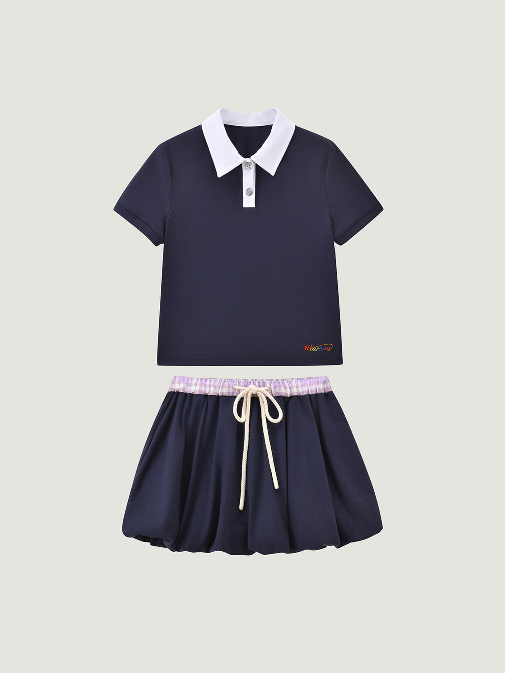Kins Class Princess Collar Crop Polo Tee & Puffy Hem Mini Skirt For Kids