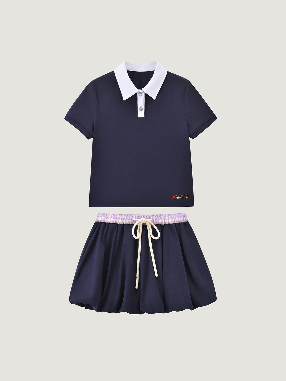 Kins Class Princess Collar Crop Polo Tee & Puffy Hem Mini Skirt For Kids