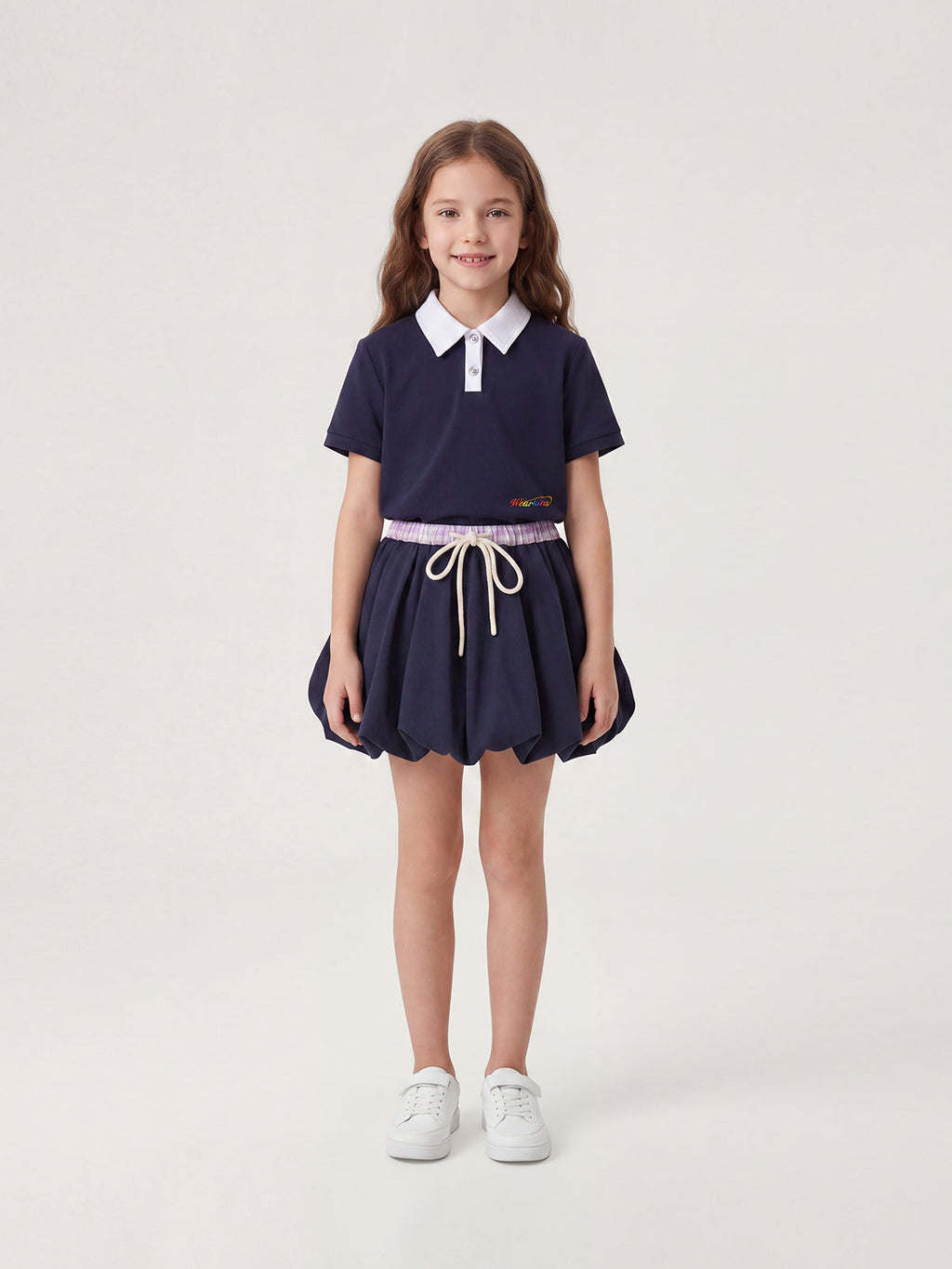 Kins Class Princess Collar Crop Polo Tee & Puffy Hem Mini Skirt For Kids
